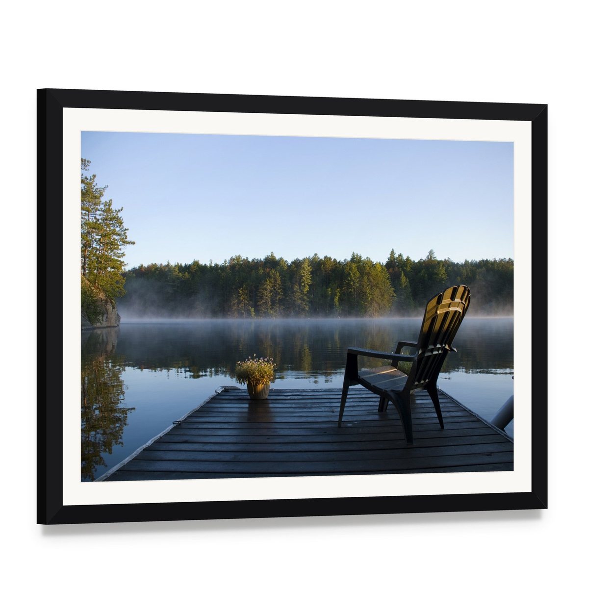 Weslemkoon Lake View from the Dock Canvas Wall Art, framed print with white mat and black frame, angled product view
