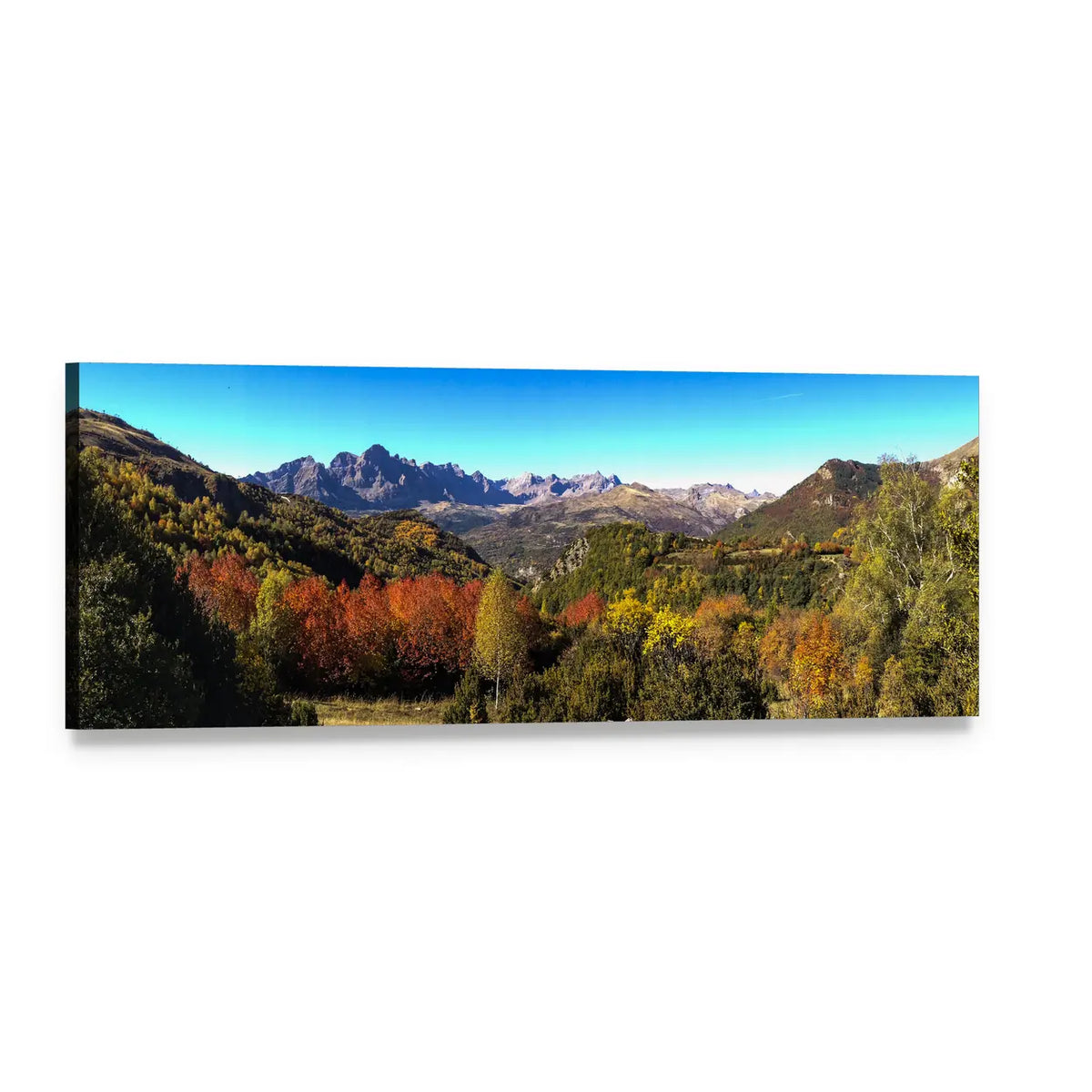 Autumn Forest and Mountain Range Panoramic Canvas Wall Art, single panel gallery wrapped canvas, angled product view