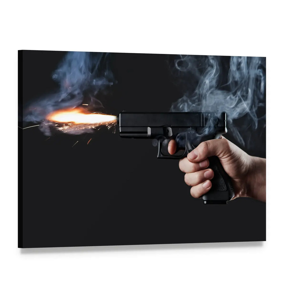 Handgun Muzzle Flash with Smoke Canvas Wall Art, single panel gallery wrapped canvas, angled product view