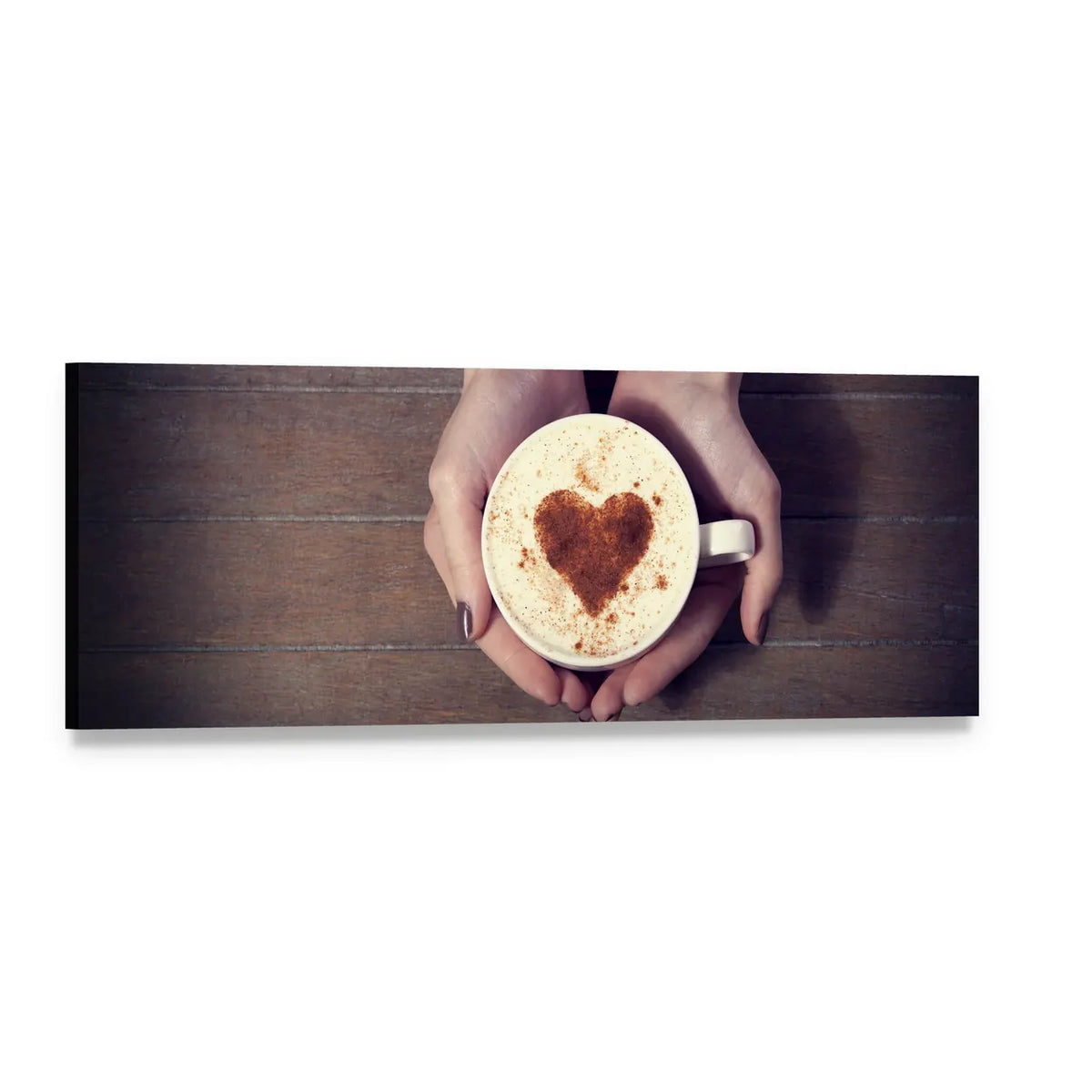Hands Holding Coffee Cup Panoramic Canvas Wall Art, single panel gallery wrapped canvas, angled product view