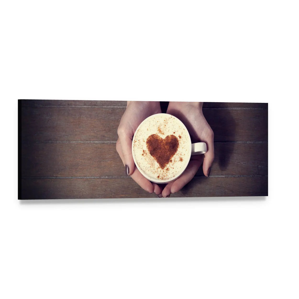 Hands Holding Coffee Cup Panoramic Canvas Wall Art, single panel gallery wrapped canvas, angled product view