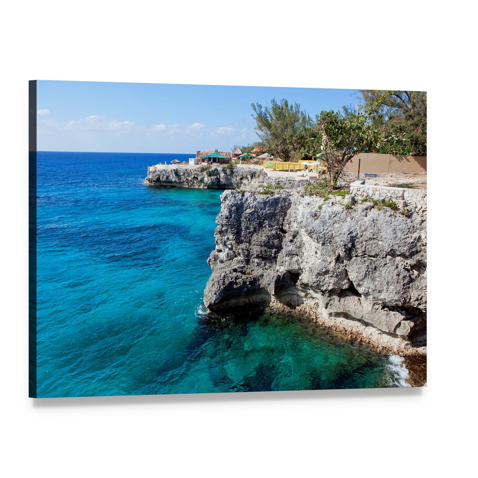 Turquoise Ocean Cliffs with Tropical Vegetation Canvas Wall Art, single panel gallery wrapped canvas, angled product view