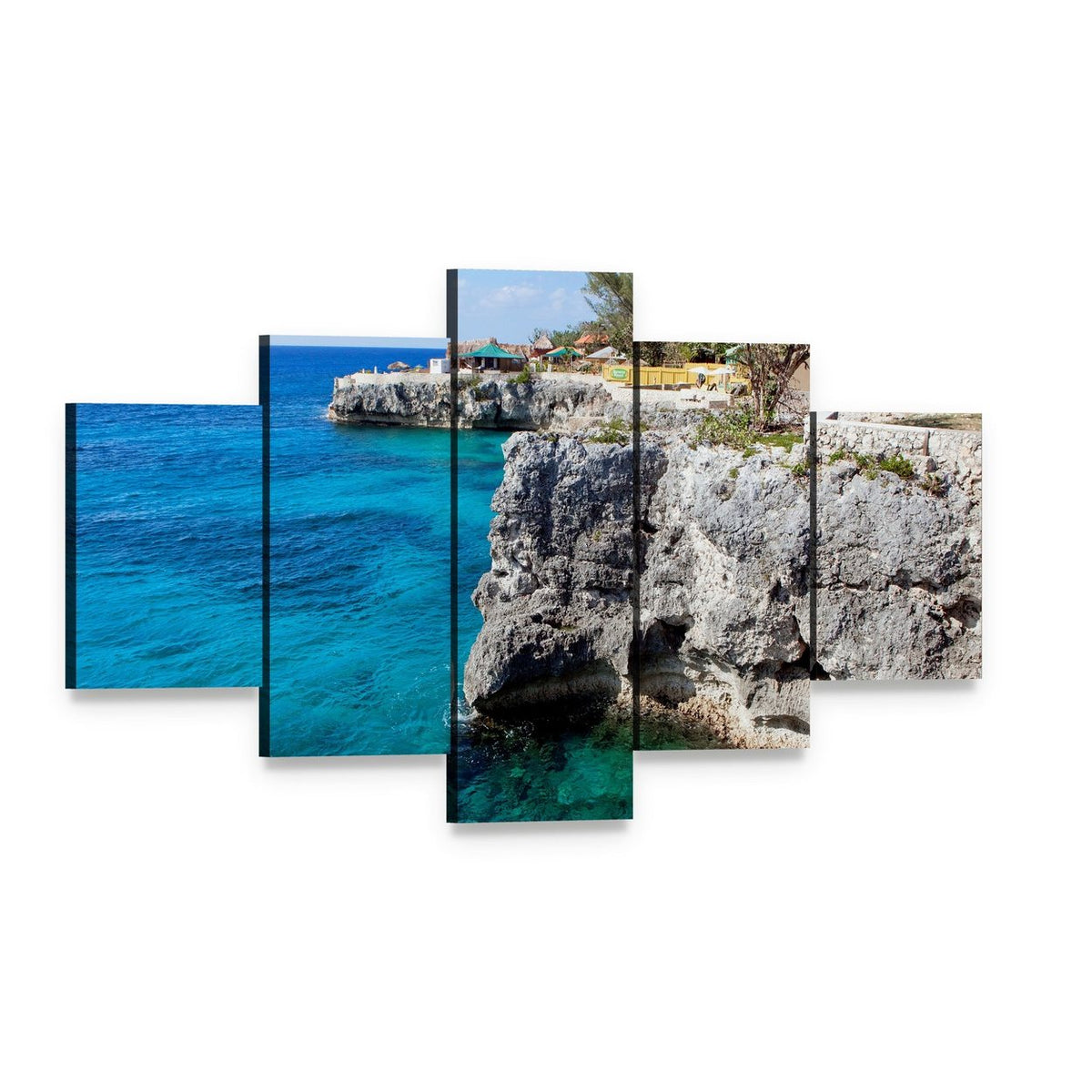 Turquoise Ocean Cliffs with Tropical Vegetation Canvas Wall Art, 5 panel 5 Star layout gallery wrapped canvas set, angled product view