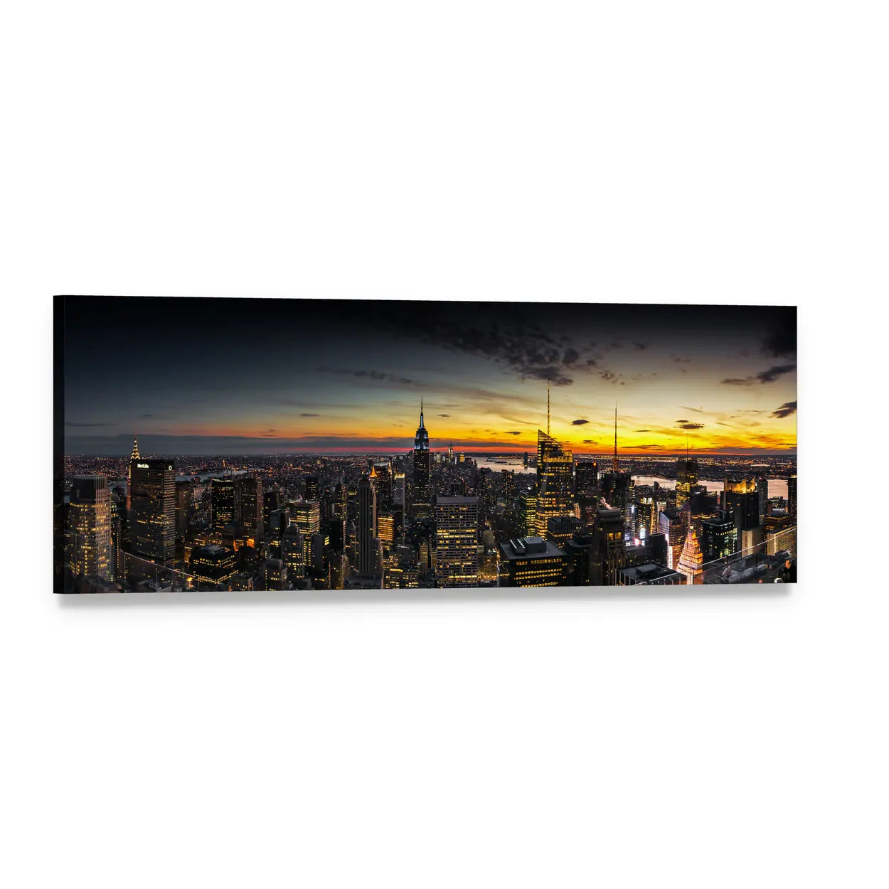 Manhattan Skyline at Sunset Panoramic Canvas Wall Art, single panel gallery wrapped canvas, angled product view