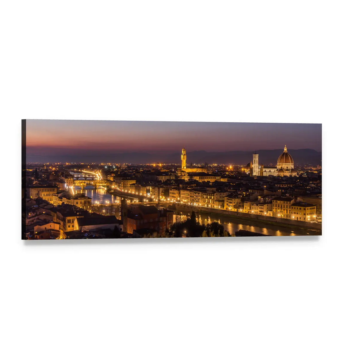 Florence Skyline at Twilight Panoramic Canvas Wall Art, single panel gallery wrapped canvas, angled product view
