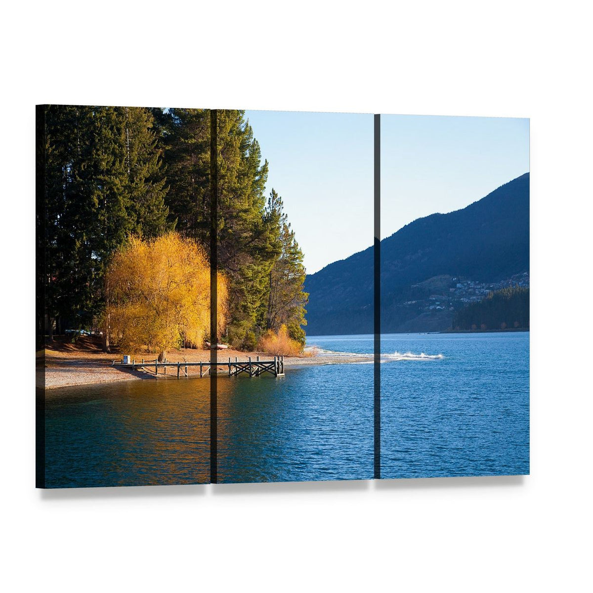 Autumn at Wakatipu Lake Canvas Wall Art, 3 panel 3 Horizontal layout gallery wrapped canvas set, angled product view