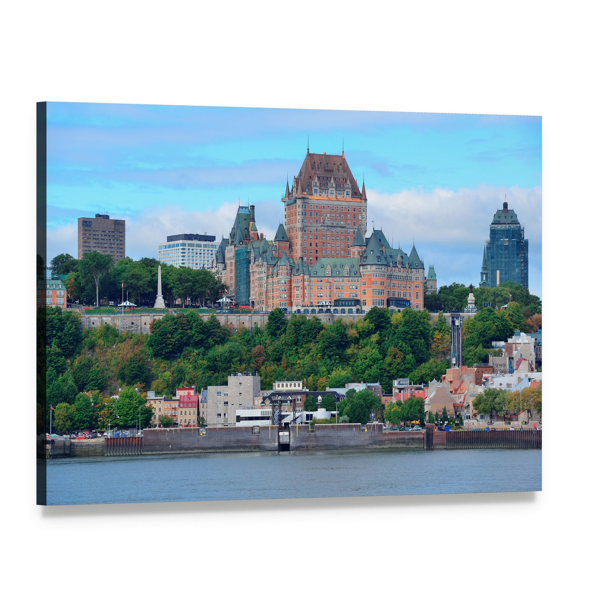 Quebec City Skyline Over River Canvas Wall Art, single panel gallery wrapped canvas, angled product view