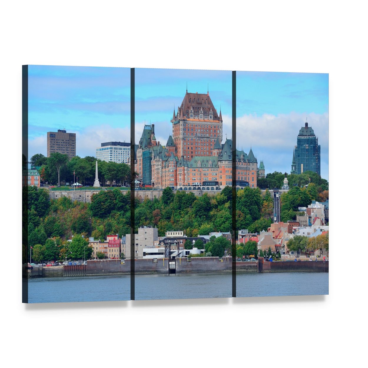 Quebec City Skyline Over River Canvas Wall Art, 3 panel 3 Horizontal layout gallery wrapped canvas set, angled product view