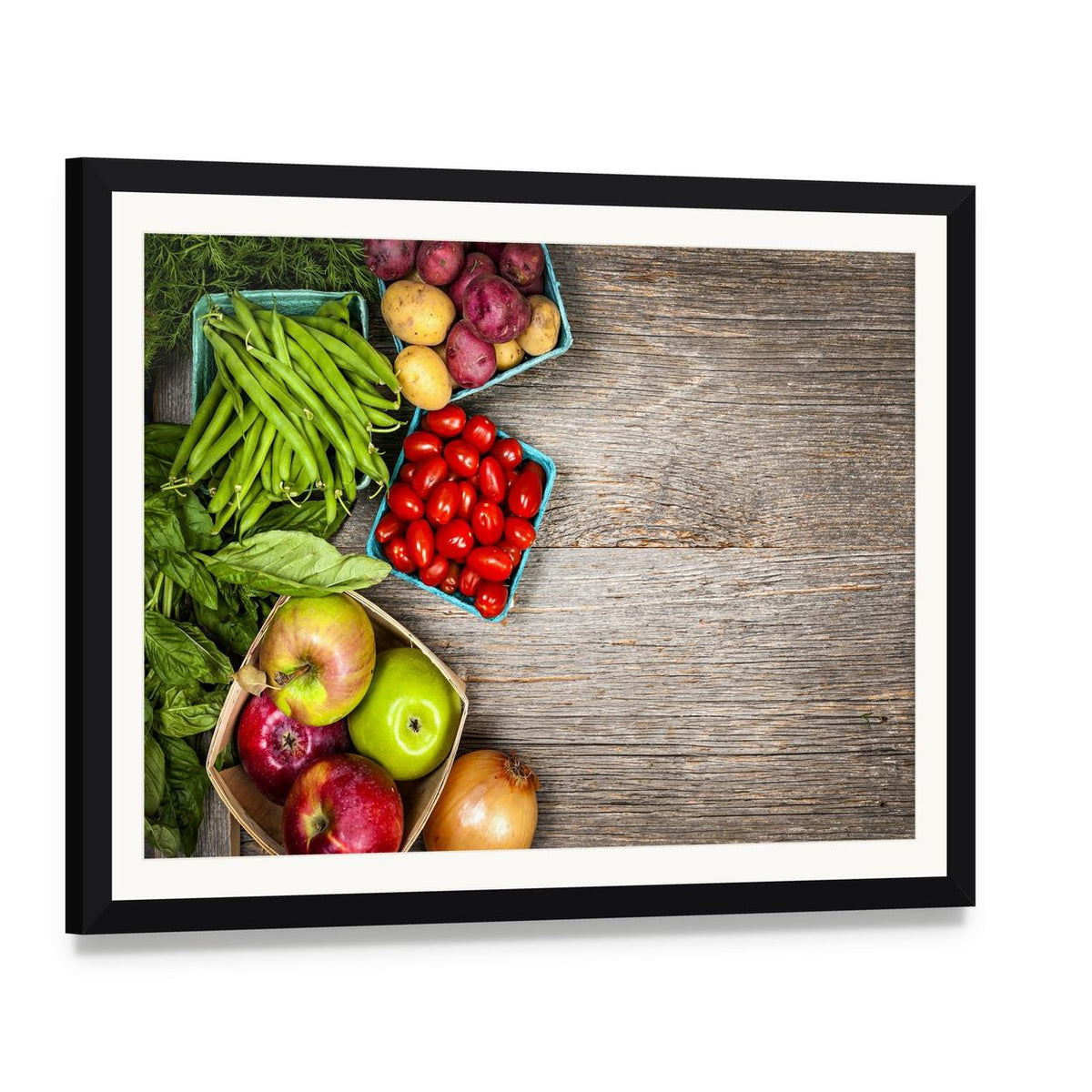 Fruits and Vegetables Canvas Wall Art, framed print with white mat and black frame, angled product view