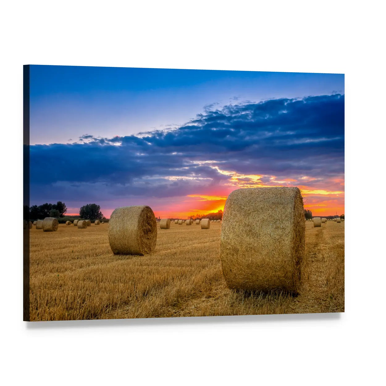 Round Hay Bale at Sunset Canvas Wall Art, single panel gallery wrapped canvas, angled product view