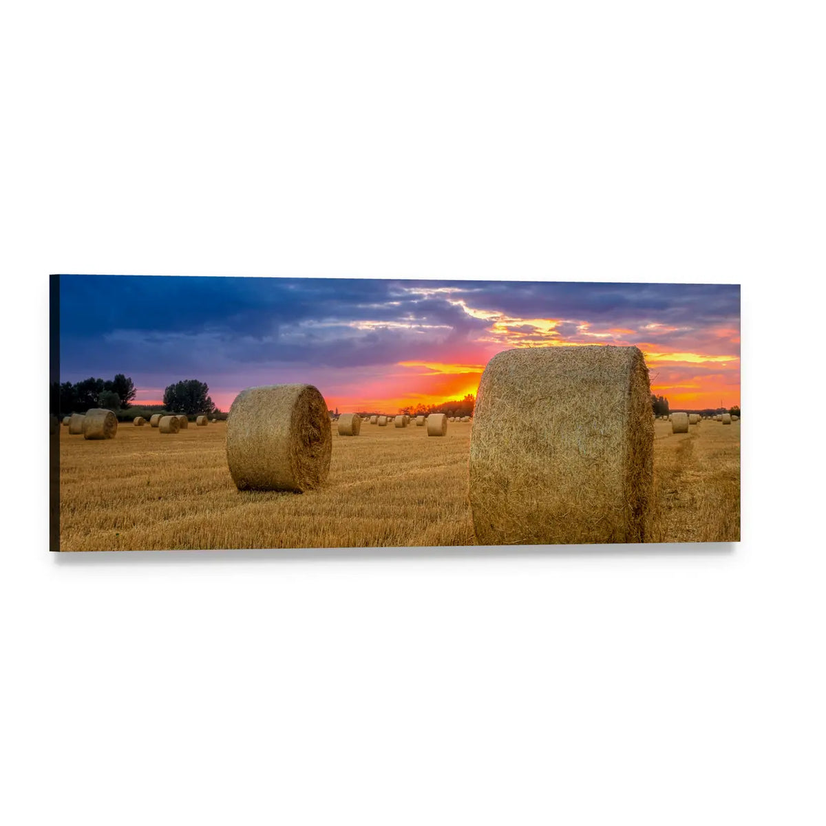 Sunset Hay Bale in Harvest Field Panoramic Canvas Wall Art, single panel gallery wrapped canvas, angled product view