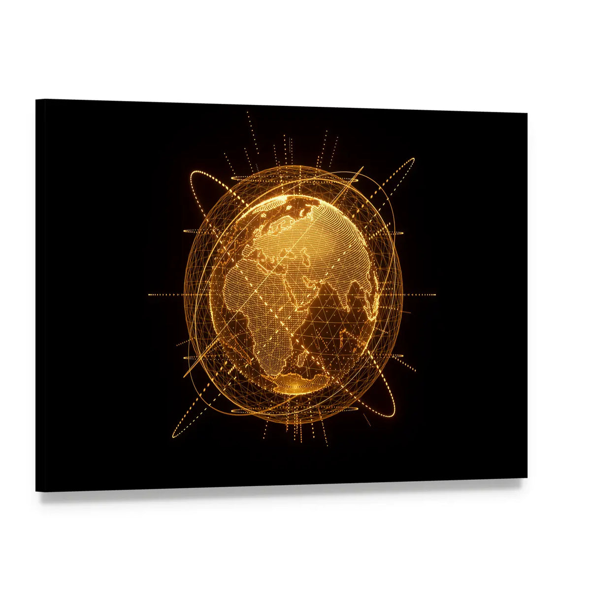 Global Network Wireframe Globe Canvas Wall Art, single panel gallery wrapped canvas, angled product view