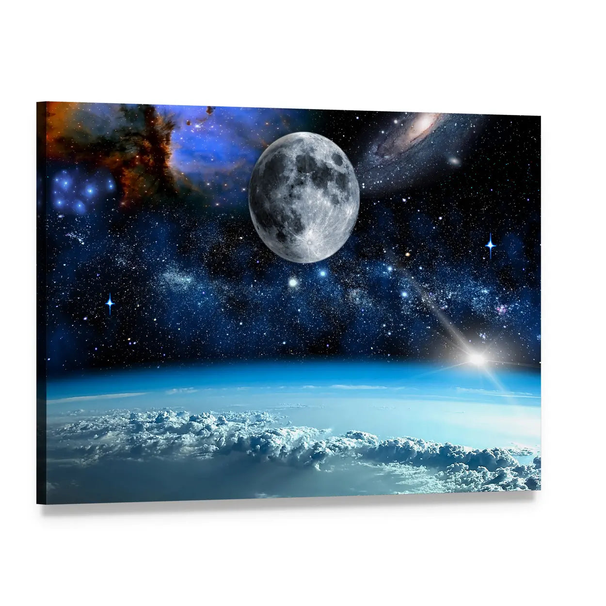 Earth Horizon with Moon and Nebula Canvas Wall Art, single panel gallery wrapped canvas, angled product view