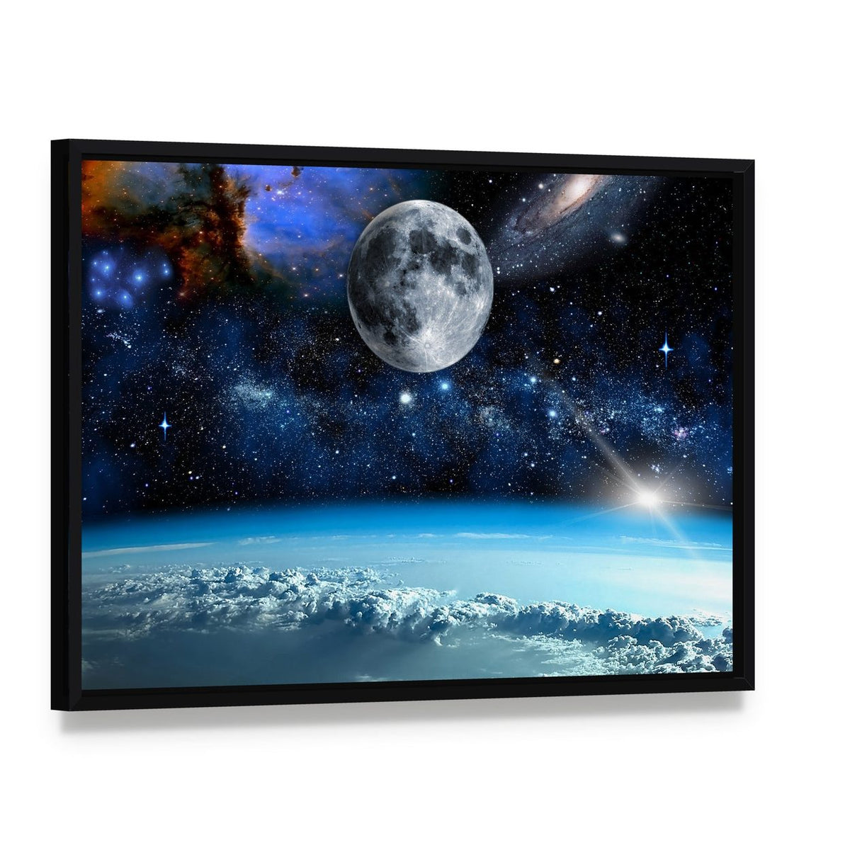 Space View from Earth Canvas Wall Art, framed canvas in a black floater frame, angled product view