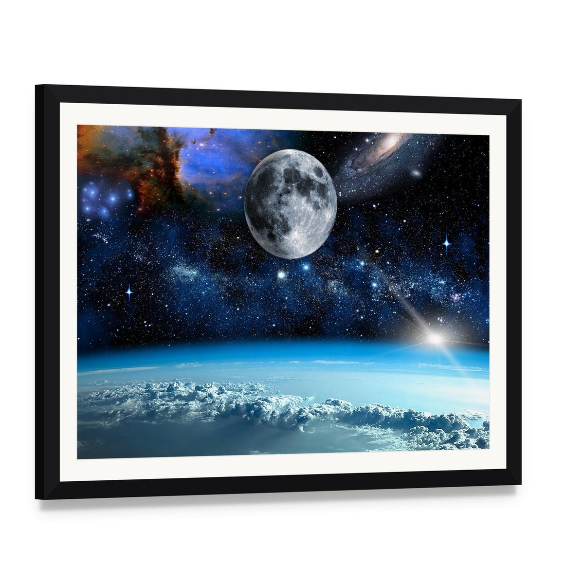 Space View from Earth Canvas Wall Art, framed print with white mat and black frame, angled product view