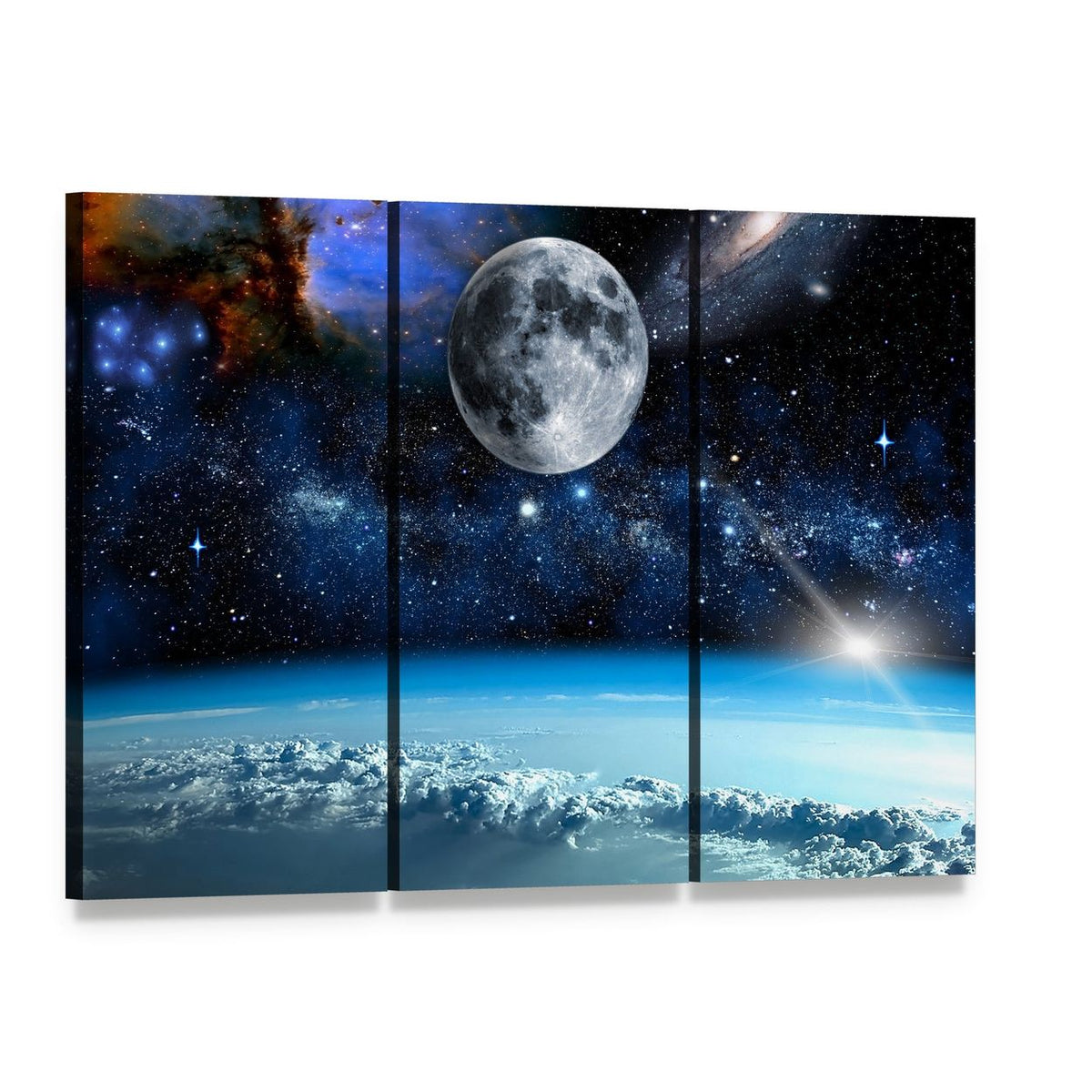 Space View from Earth Canvas Wall Art, 3 panel 3 Horizontal layout gallery wrapped canvas set, angled product view