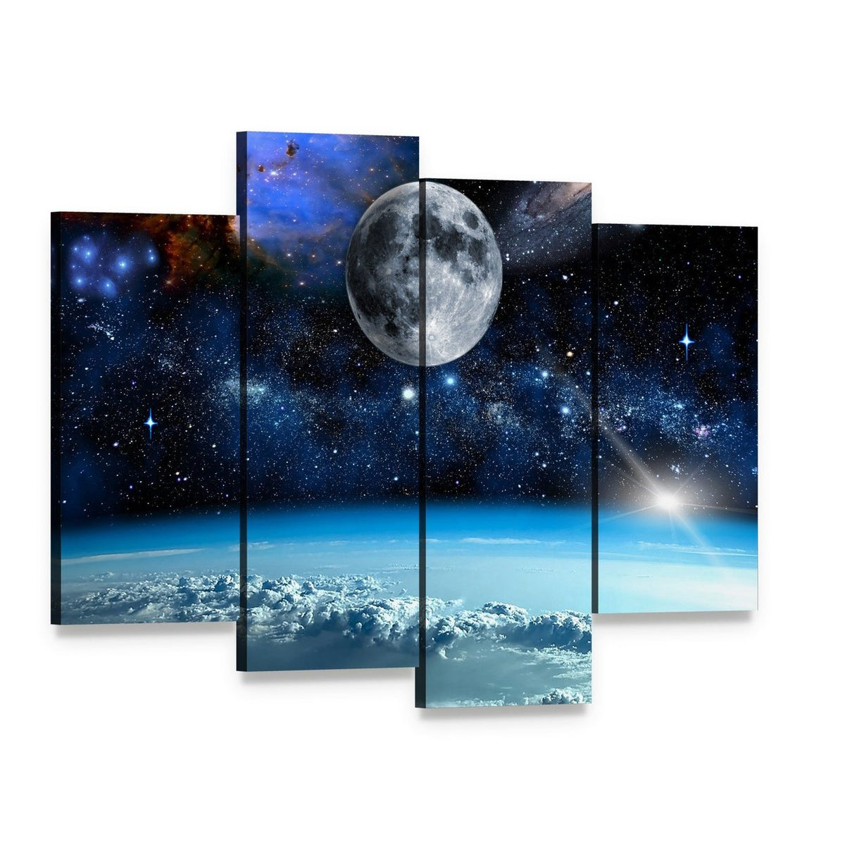 Space View from Earth Canvas Wall Art, 4 panel 4 Pop layout gallery wrapped canvas set, angled product view