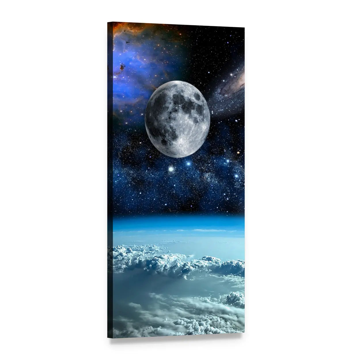 Earth and Moon from Orbit Vertical Canvas Wall Art, 1 panel 1 Vertical layout gallery wrapped canvas set, angled product view
