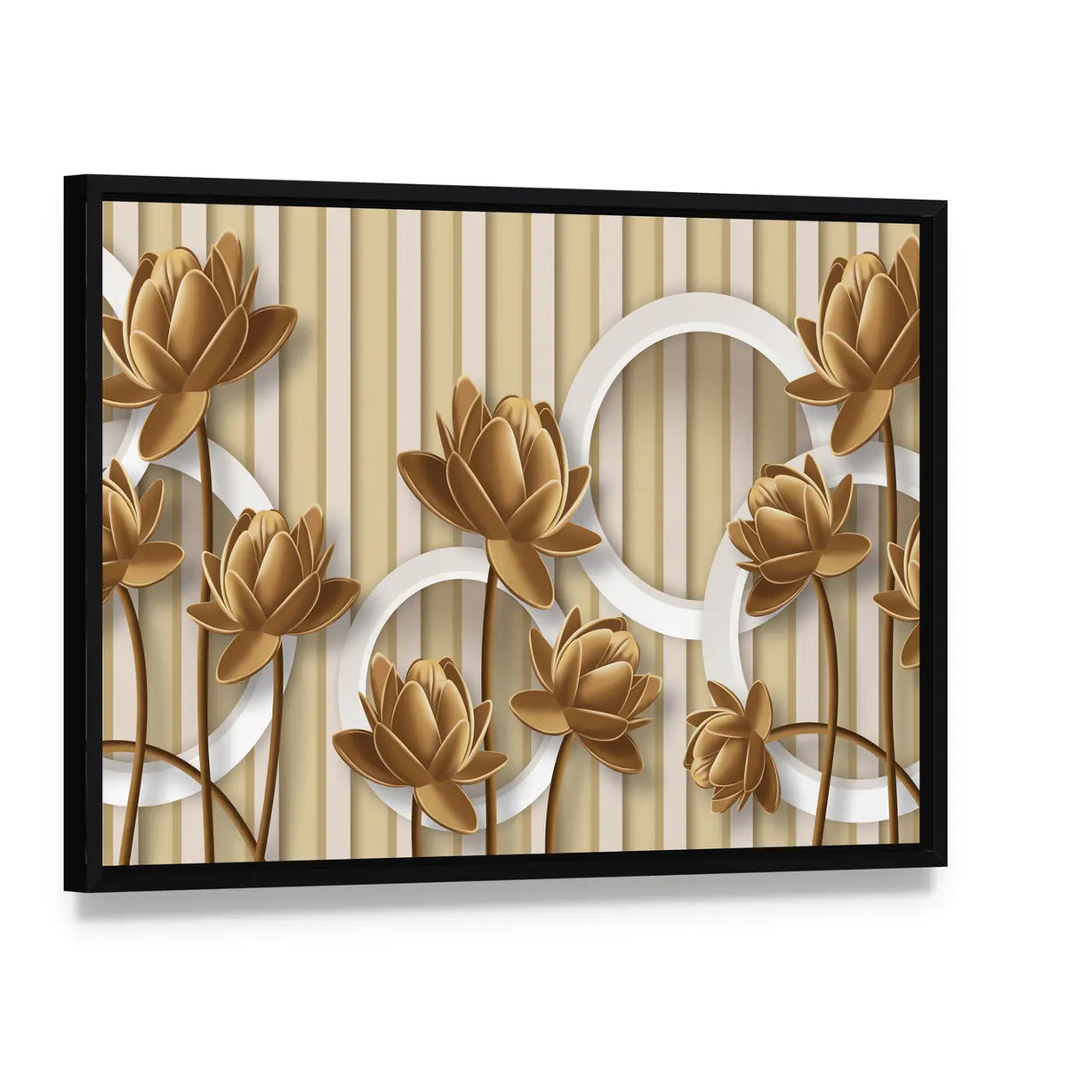 Golden Lotus with Interlocking White Rings Canvas Wall Art, framed canvas in a black floater frame, angled product view