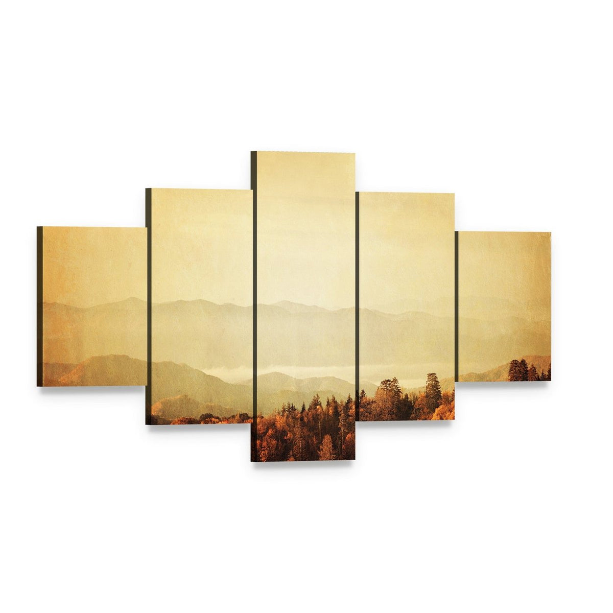 Great Smoky Mountains Autumn Landscape Canvas Wall Art, 5 panel 5 Star layout gallery wrapped canvas set, angled product view