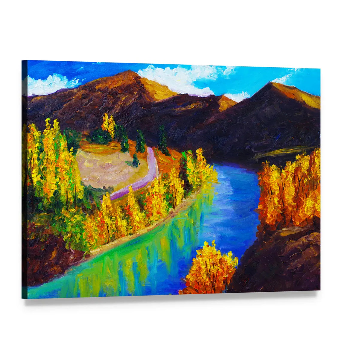 Autumn River Oil Painting Canvas Wall Art, single panel gallery wrapped canvas, angled product view
