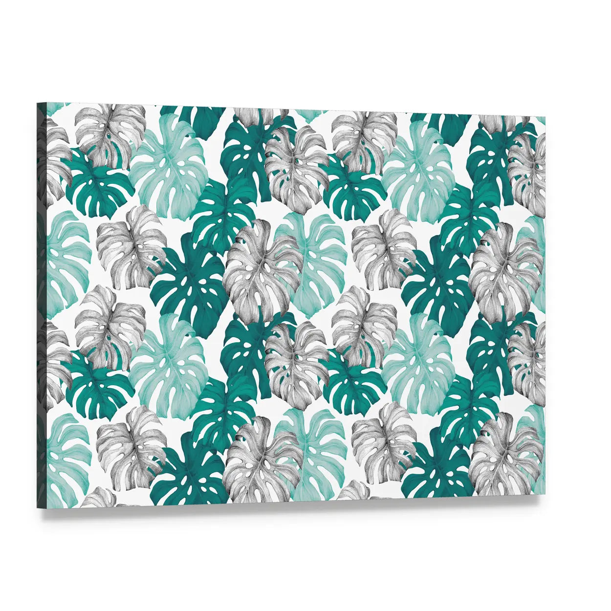 Duotone Monstera Leaves Pattern Canvas Wall Art, single panel gallery wrapped canvas, angled product view