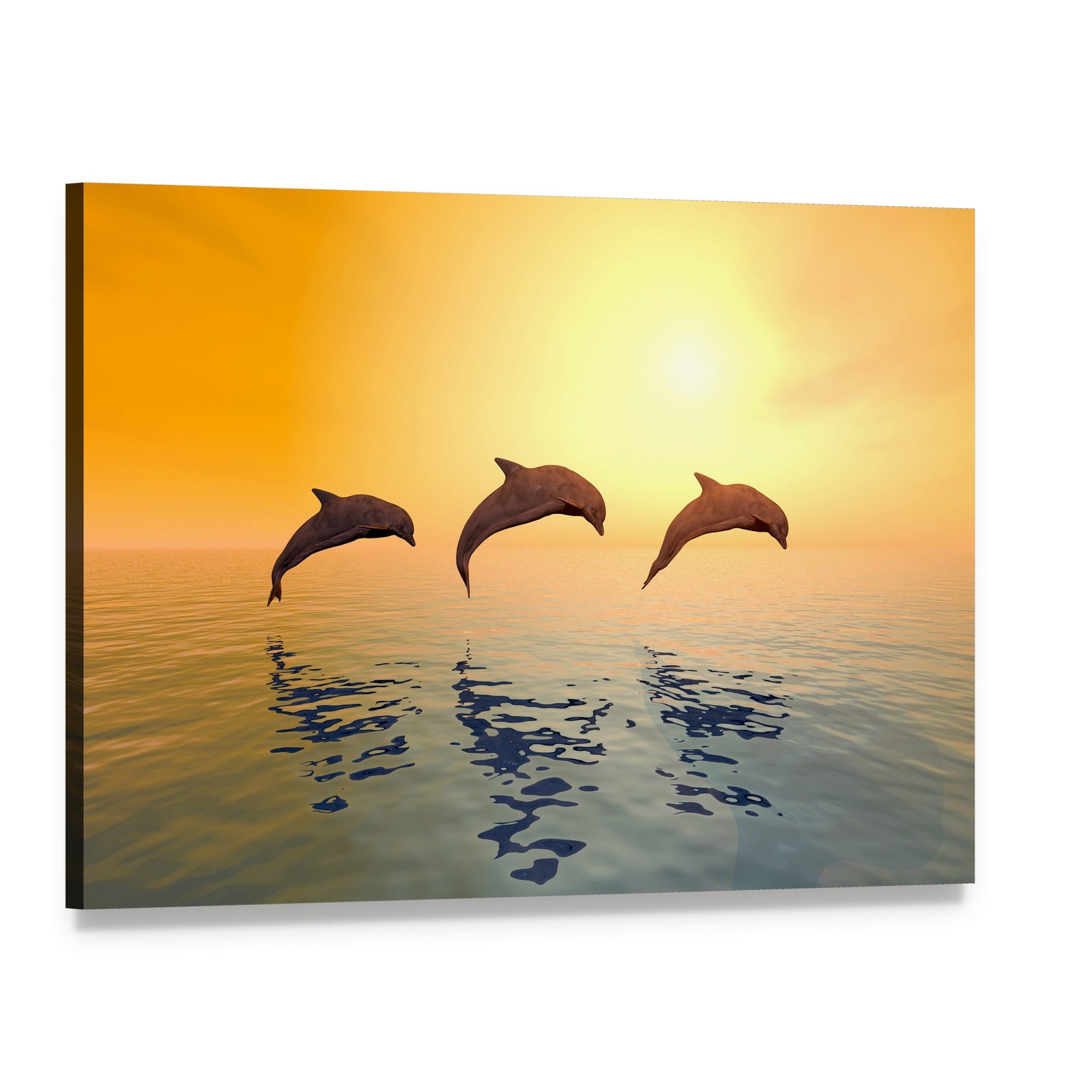 Jumping Dolphins Canvas Wall Art, single panel gallery wrapped canvas, angled product view