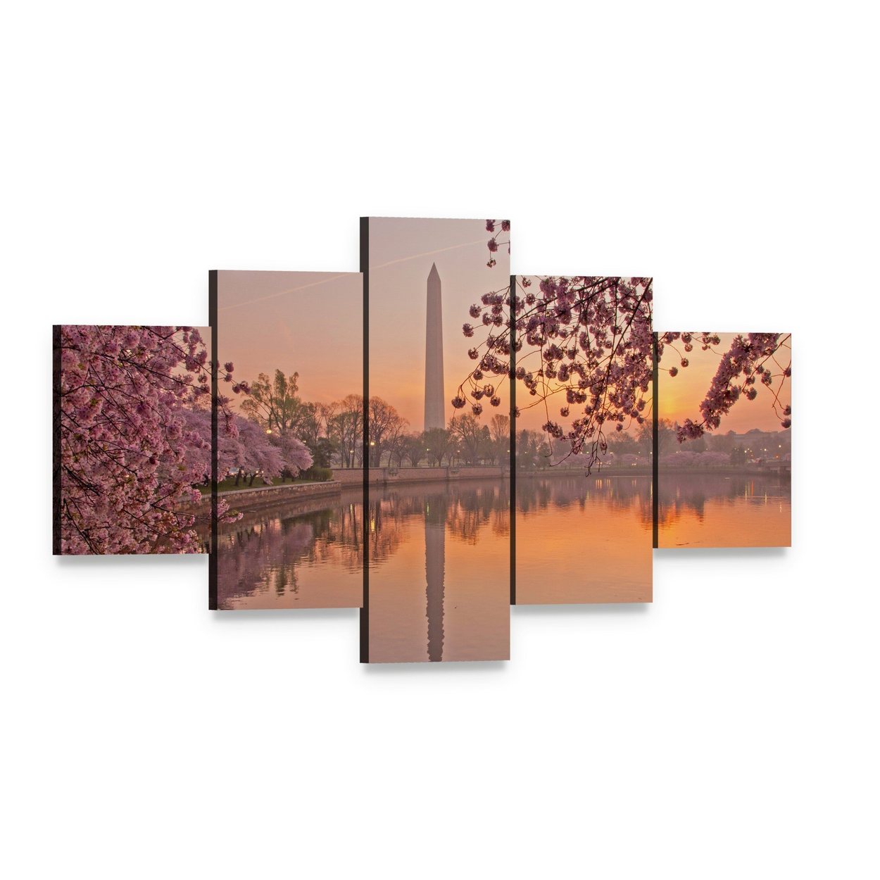 Washington Monument with Cherry Blossoms Canvas Wall Art, 5 panel 5 Star layout gallery wrapped canvas set, angled product view