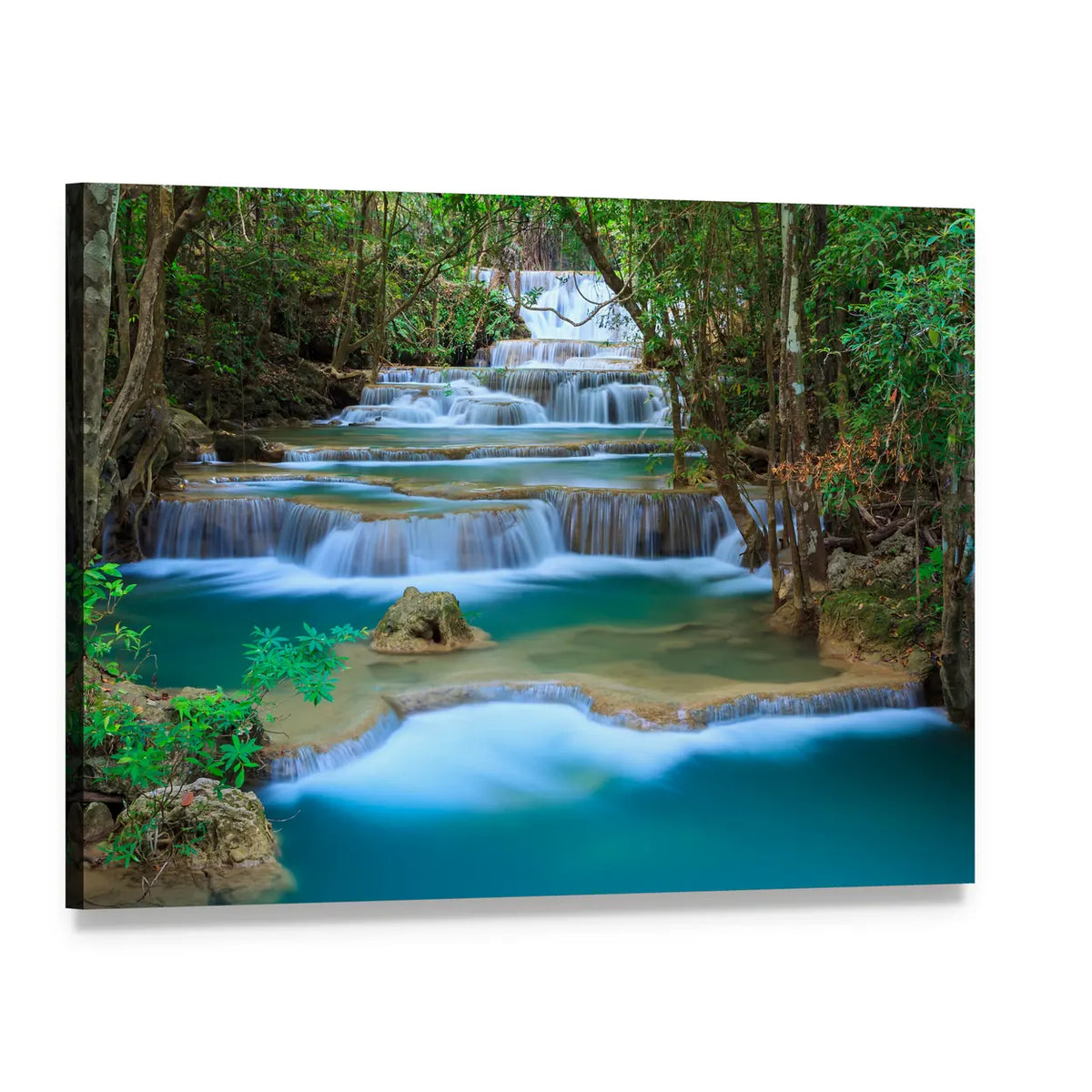 Tiered Tropical Waterfall with Turquoise Pools Canvas Wall Art, single panel gallery wrapped canvas, angled product view