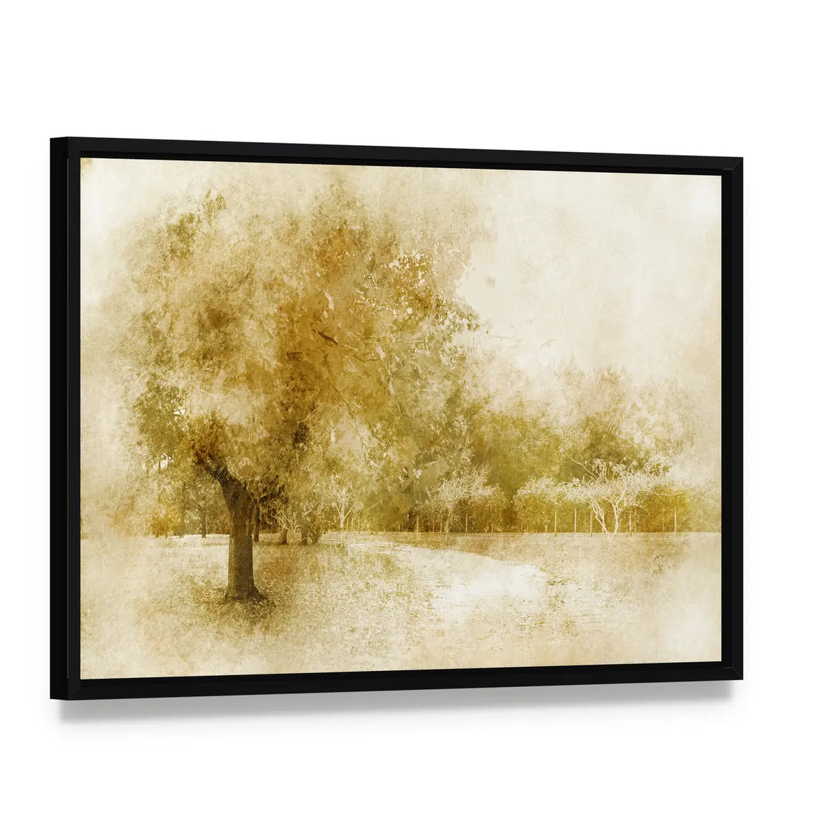 Sepia Autumn Park with Lone Tree Canvas Wall Art, framed canvas in a black floater frame, angled product view