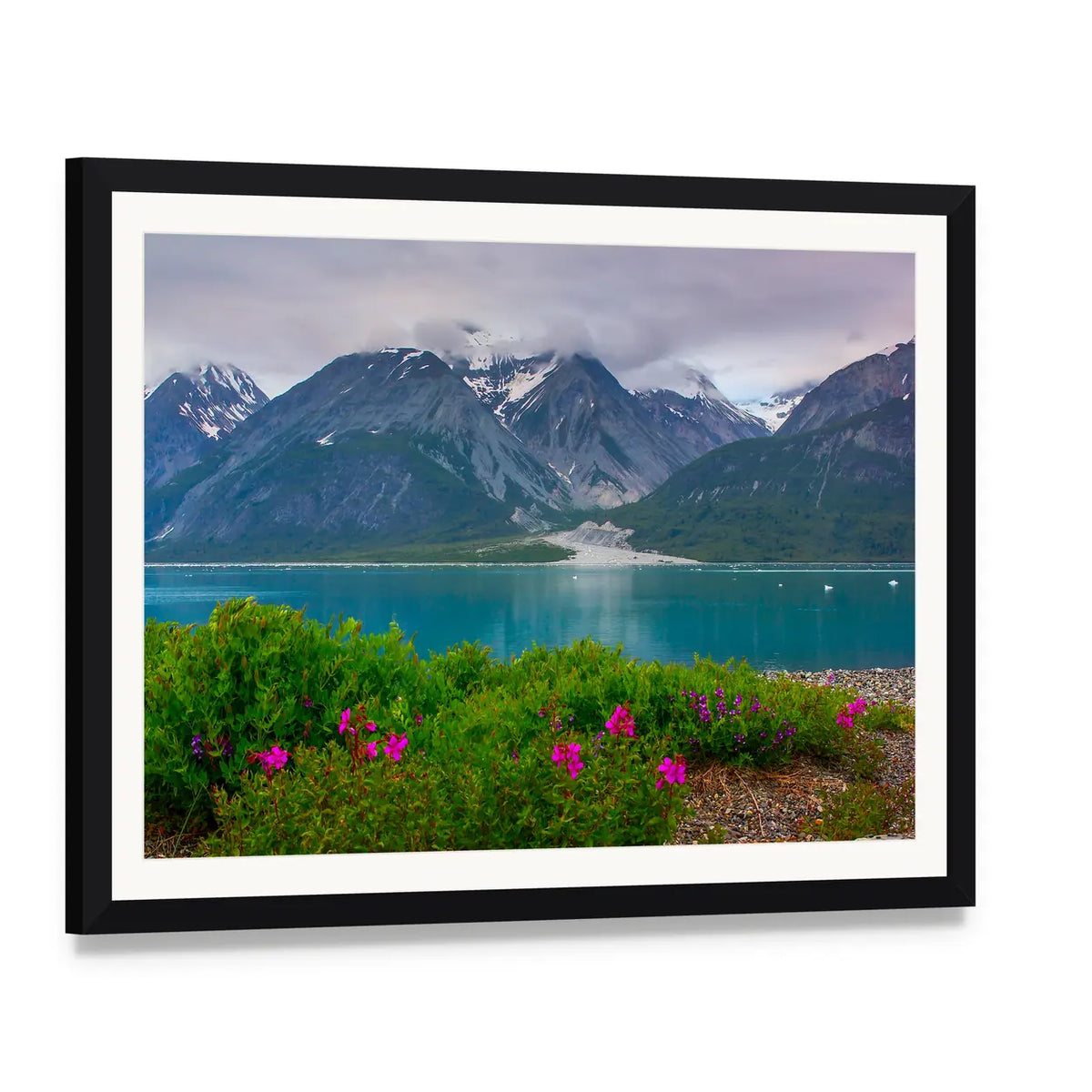 Glacier Bay Wildflowers and Snow-capped Mountains Canvas Wall Art, framed print with white mat and black frame, angled product view
