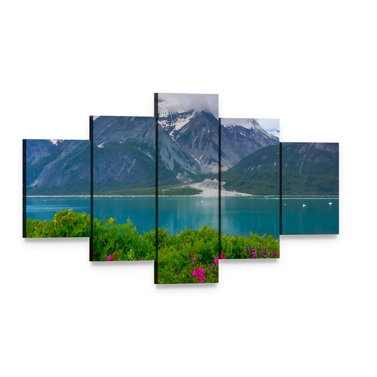 Glacier Bay Wildflowers and Snow-capped Mountains Canvas Wall Art, 5 panel 5 Star layout gallery wrapped canvas set, angled product view