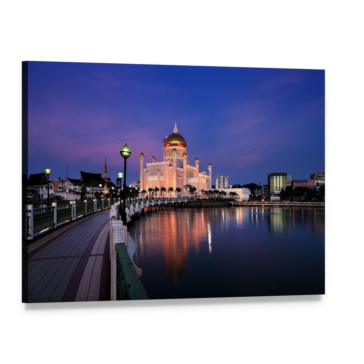 Sultan Omar Ali Saifuddien Mosque at Dusk Canvas Wall Art, single panel gallery wrapped canvas, angled product view