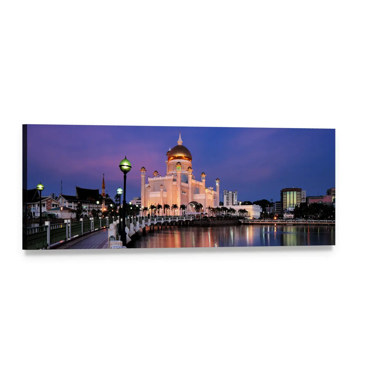 Sultan Omar Ali Saifuddien Mosque at Night Panoramic Canvas Wall Art, single panel gallery wrapped canvas, angled product view