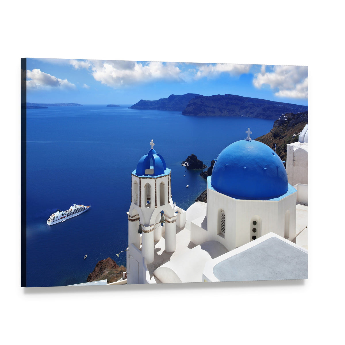 Santorini Island with Blue Domed Church Canvas Wall Art, single panel gallery wrapped canvas, angled product view