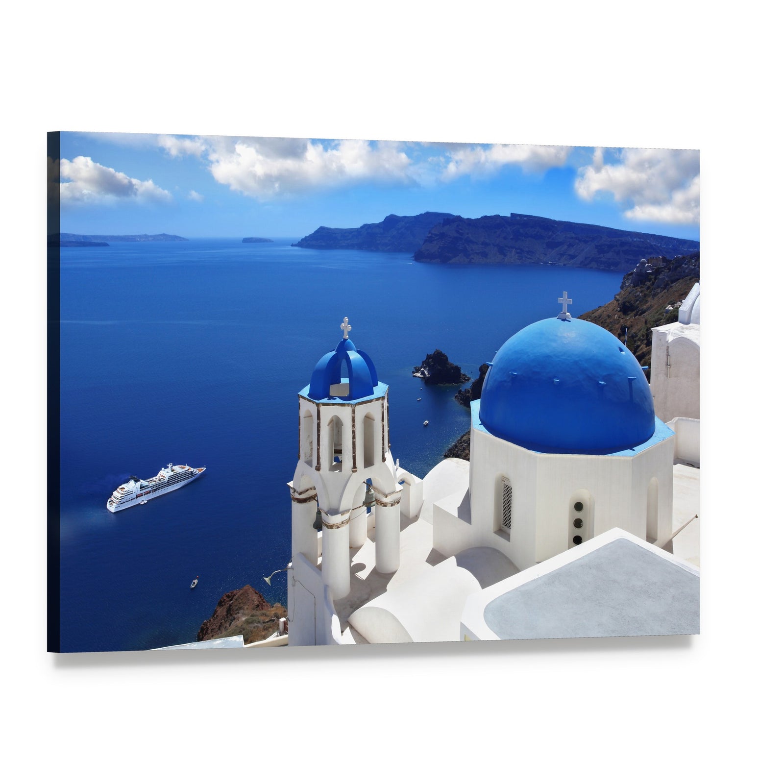Santorini Island with Blue Domed Church Canvas Wall Art, single panel gallery wrapped canvas, angled product view