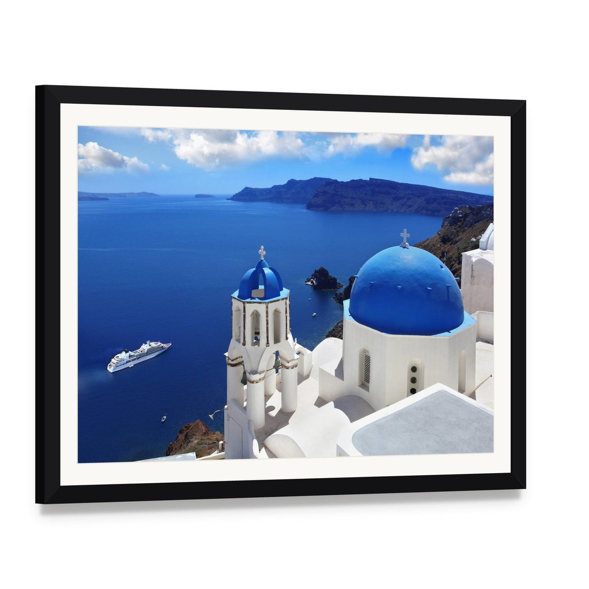 Santorini Island with Blue Domed Church Canvas Wall Art, framed print with white mat and black frame, angled product view