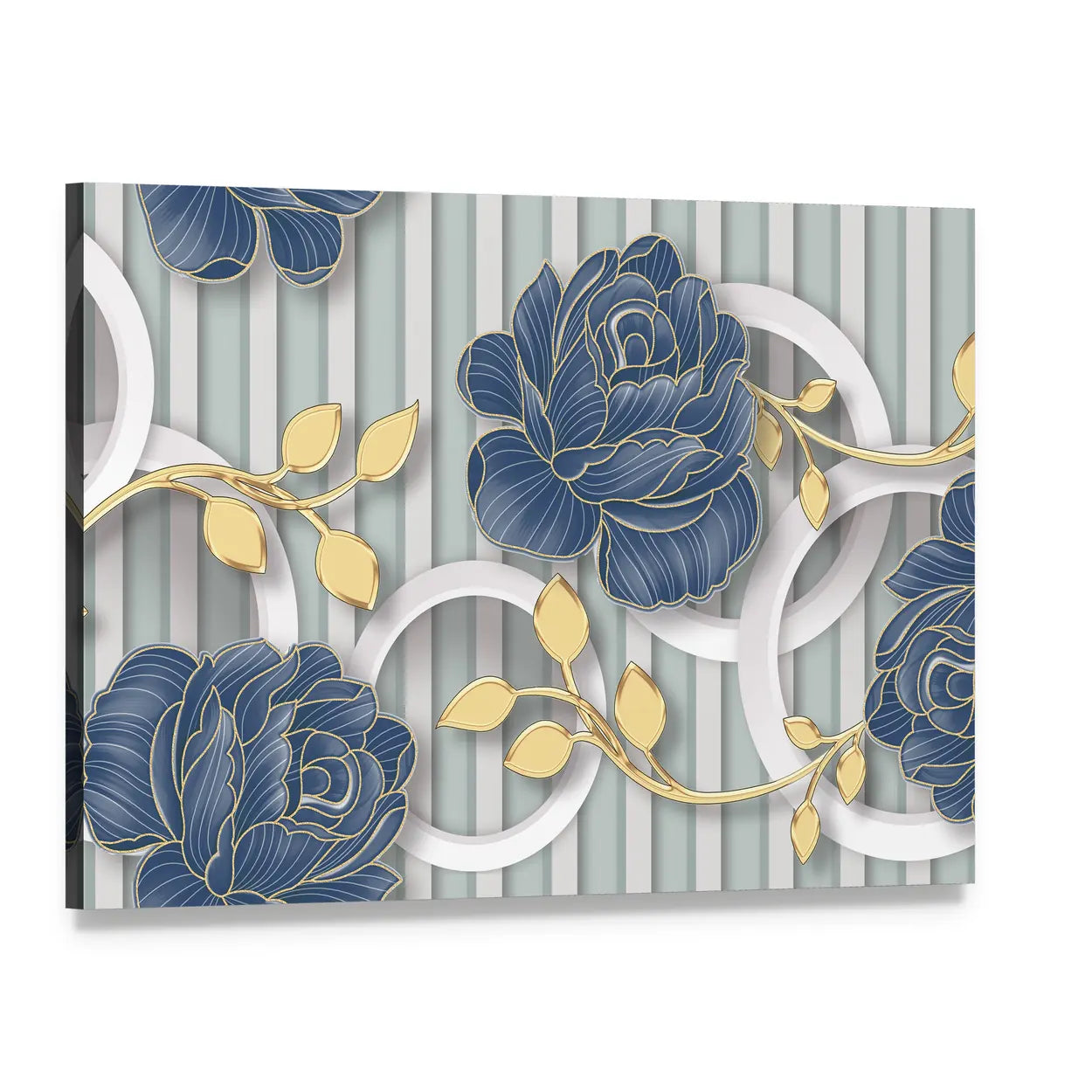 Abstract Blue Roses with Gold Leaves and Rings Canvas Wall Art, single panel gallery wrapped canvas, angled product view