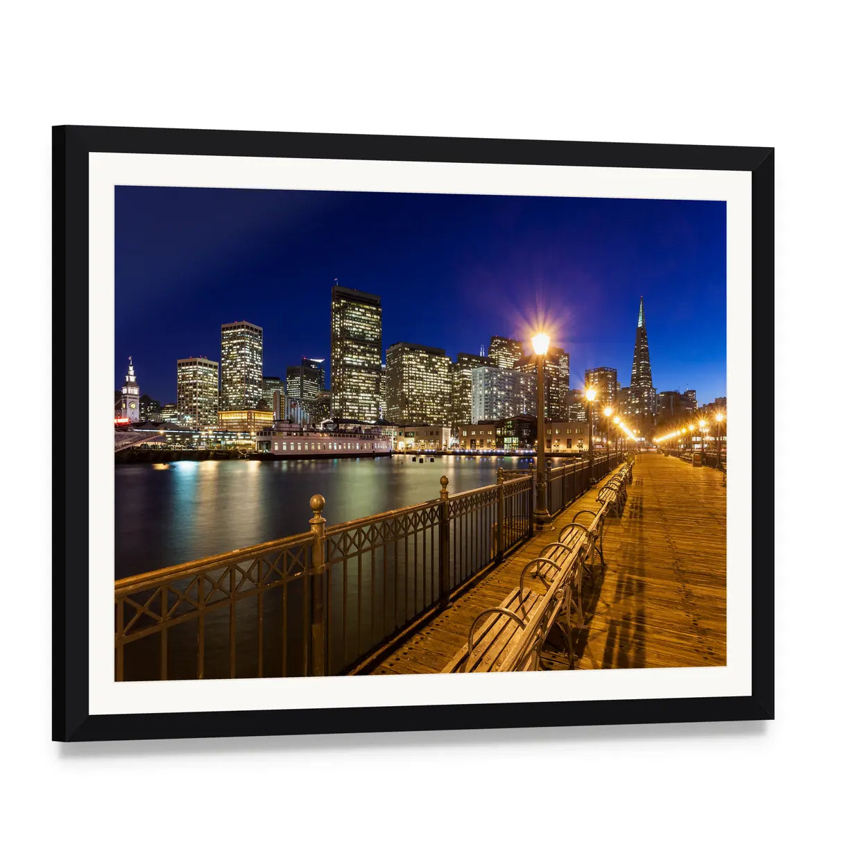 San Francisco Pier 7 Night View Canvas Wall Art, framed print with white mat and black frame, angled product view