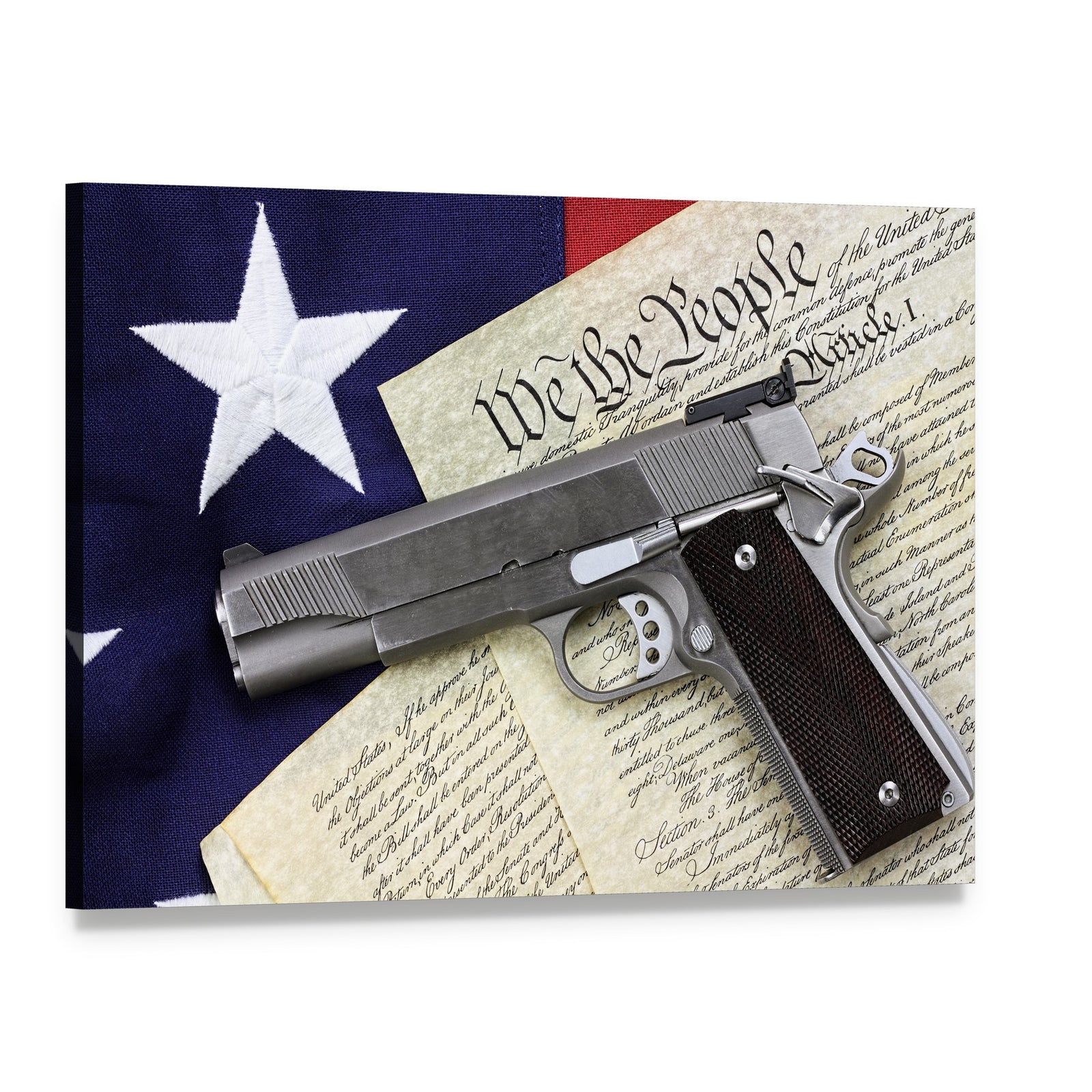 Gun with American Flag Canvas Wall Art, single panel gallery wrapped canvas, angled product view