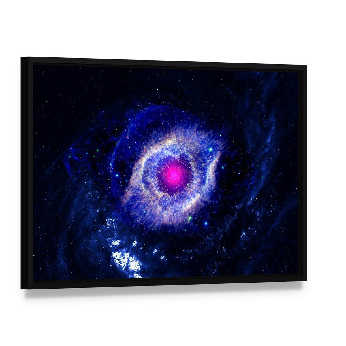 The Eye of God Nebula Canvas Wall Art, framed canvas in a black floater frame, angled product view