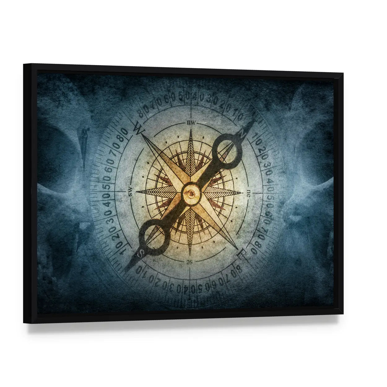 Sailor Skull with Vintage Compass Canvas Wall Art, framed canvas in a black floater frame, angled product view