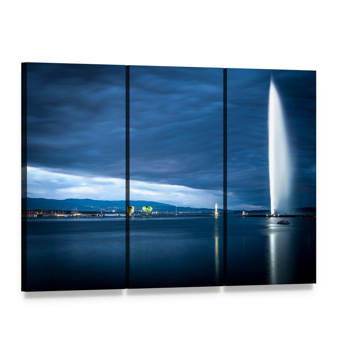 Jet D'eau Over Geneva Lake Canvas Wall Art, 3 panel 3 Horizontal layout gallery wrapped canvas set, angled product view