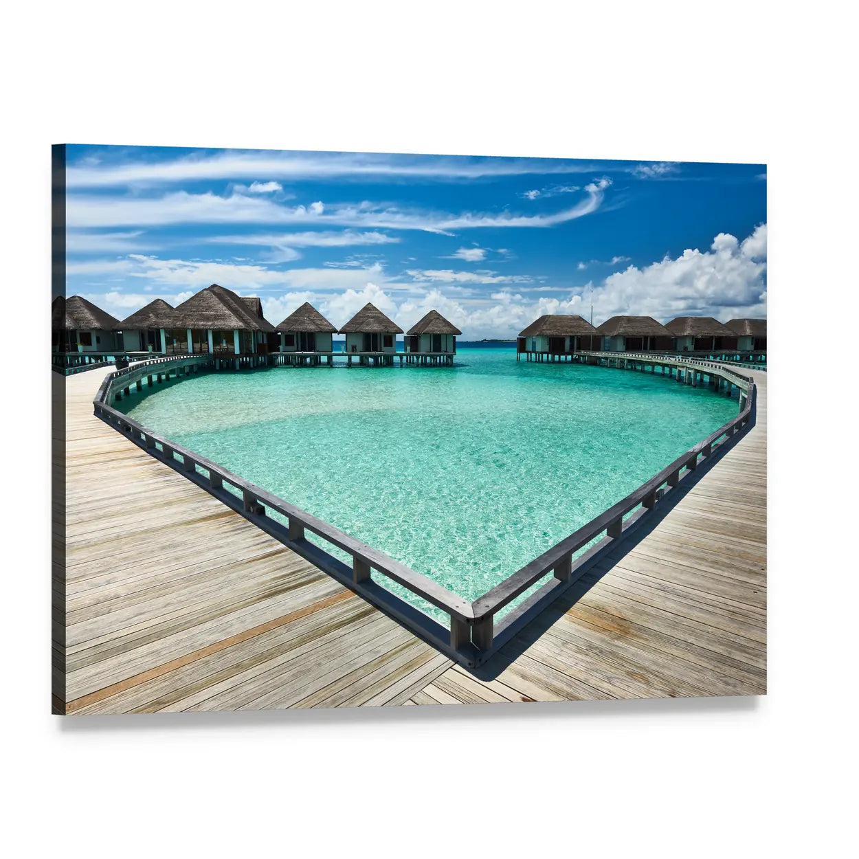 Overwater Bungalows on Turquoise Sea Canvas Wall Art, single panel gallery wrapped canvas, angled product view