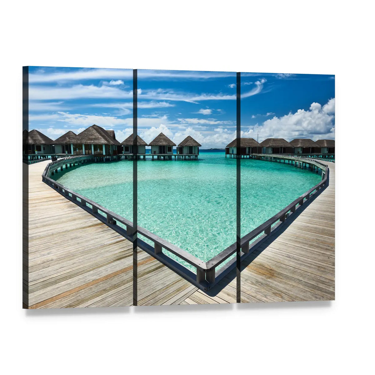 Overwater Bungalows with Wooden Pier Canvas Wall Art, 3 panel 3 Horizontal layout gallery wrapped canvas set, angled product view