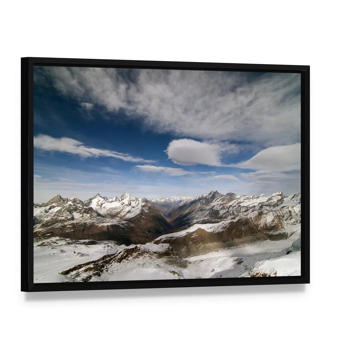 Snow Covered Peaks In Alpine Range Between Switzerland And Italy Canvas Wall Art, framed canvas in a black floater frame, angled product view