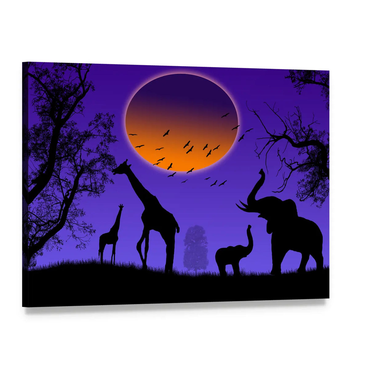 Moonlit Jungle Animal Silhouettes Canvas Wall Art, single panel gallery wrapped canvas, angled product view