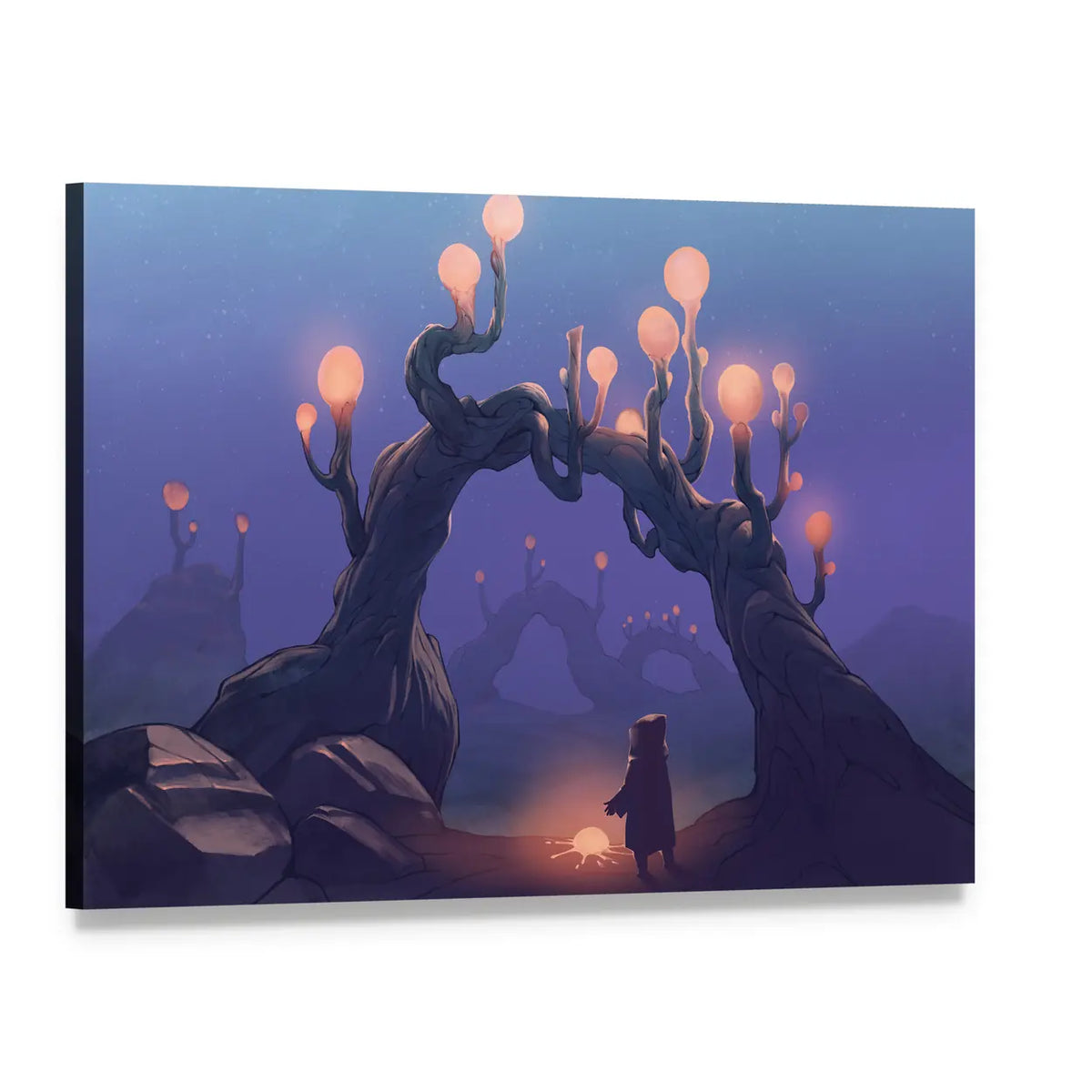 Surreal Jungle with Cloaked Figure Canvas Wall Art, single panel gallery wrapped canvas, angled product view