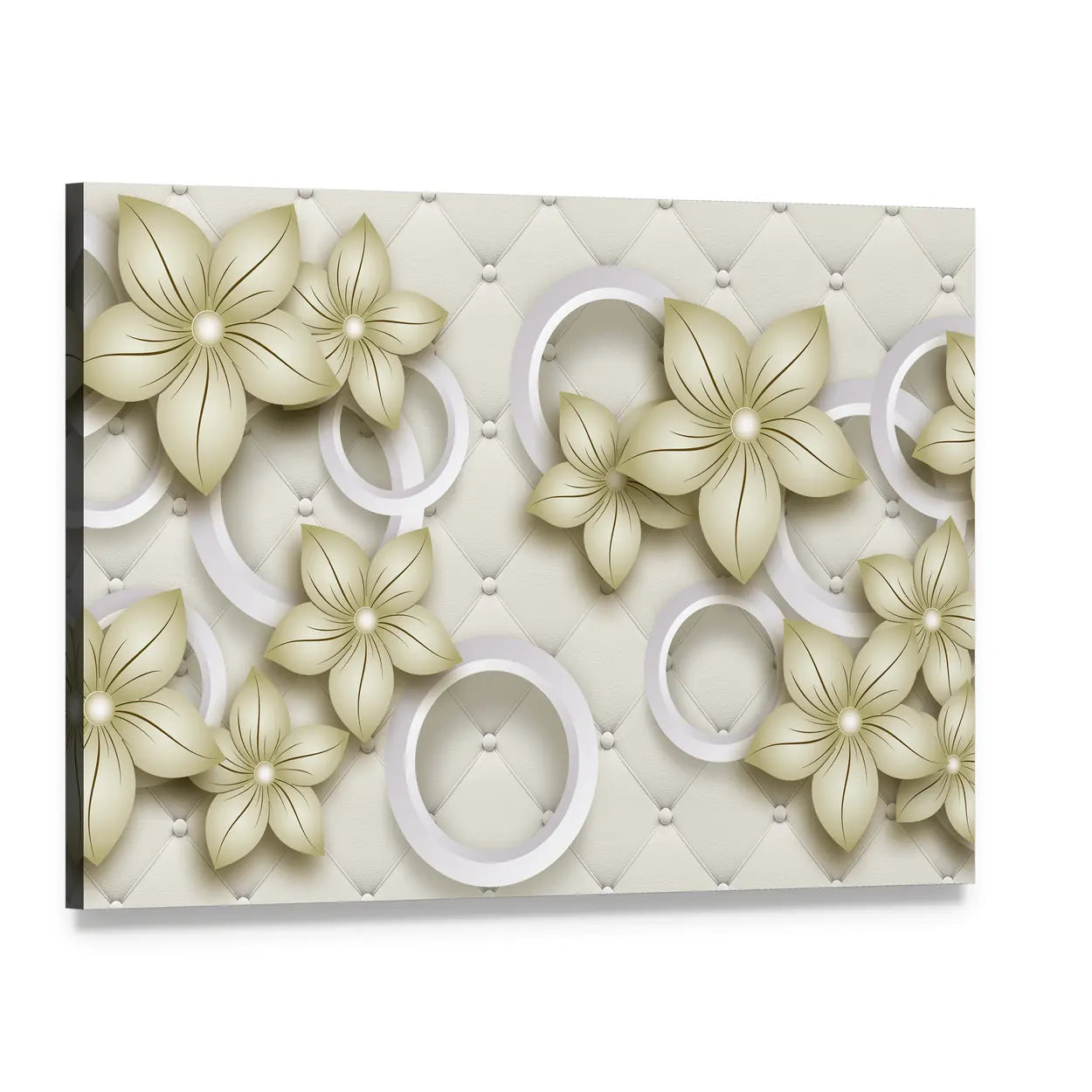 Quilted Floral Wallpaper with Pearl Accents Canvas Wall Art, single panel gallery wrapped canvas, angled product view
