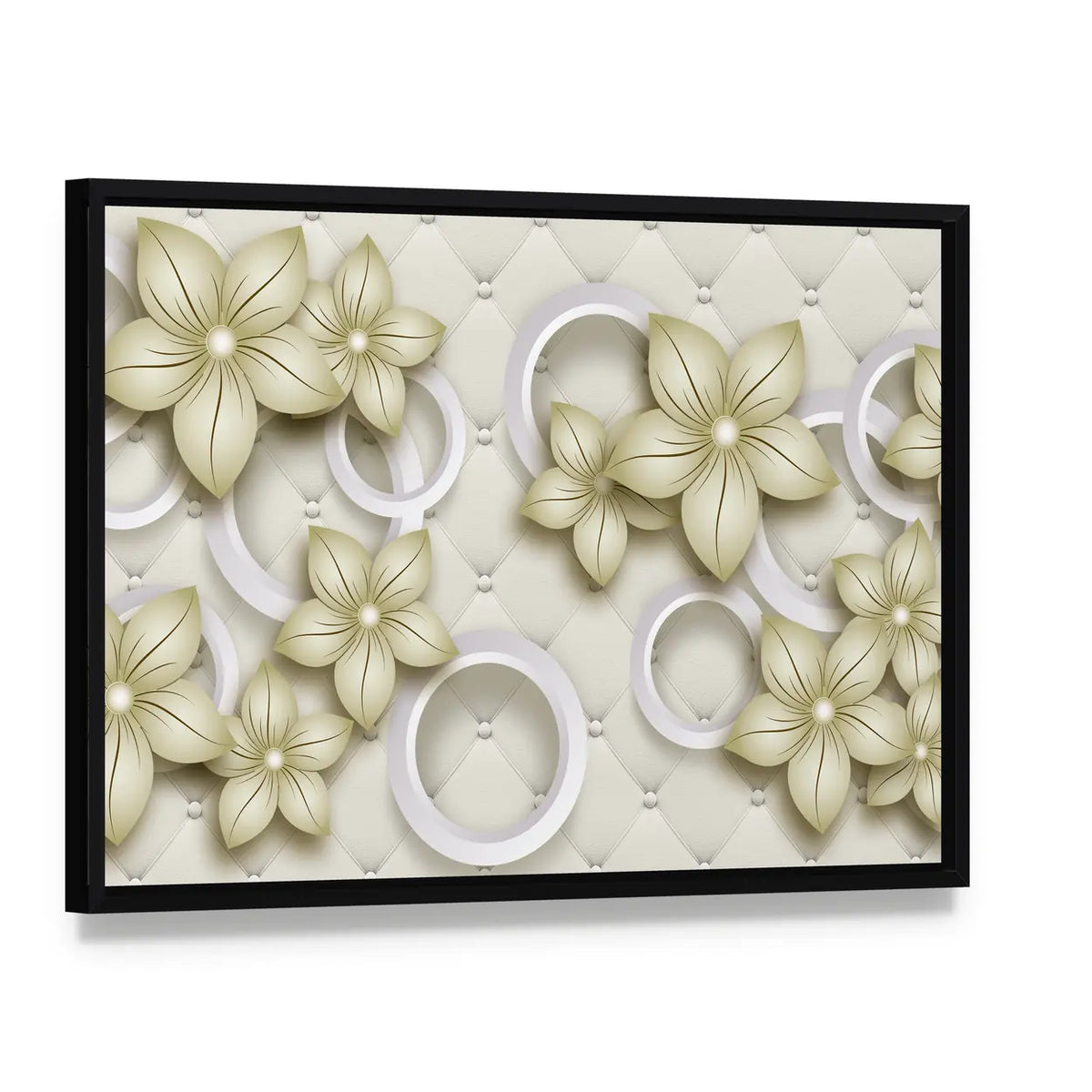 Quilted Floral Wallpaper with Pearl Accents Canvas Wall Art, framed canvas in a black floater frame, angled product view